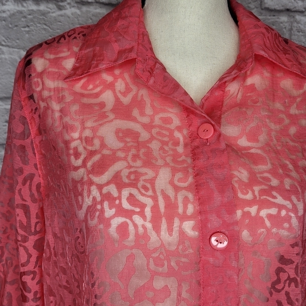 Hearts of Palm pink coral sheer burnout fabric button front 3/4 sleeve top sz 12 - Picture 4 of 8